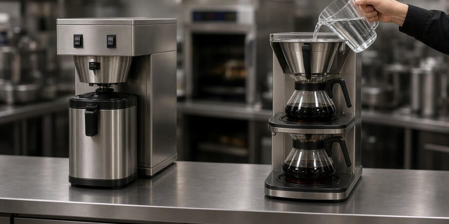 Automatic thermal server brewer beside a pourover decanter brewer being hand-filled with water