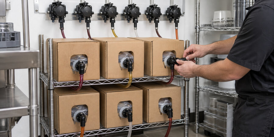 Bag-in-box syrup rack with six syrup boxes connected to wall-mounted pumps