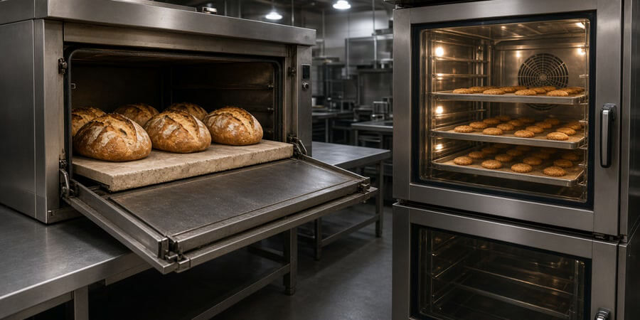 Side-by-side commercial bakery: deck oven baking crusty bread next to a convection oven filled with sheet pans of pastries