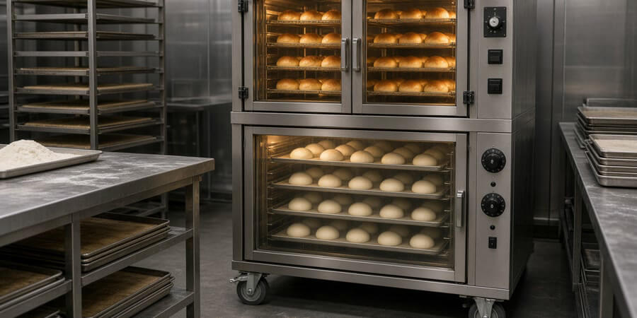 Stainless commercial oven-proofer combo with rising dough in the lower proofer and a bake cavity above