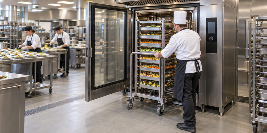 Roll-in combi oven in a banquet kitchen
