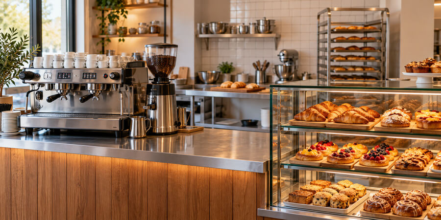 Café counter with a commercial espresso machine, coffee grinder, and glass pastry display beside a bakery prep area.