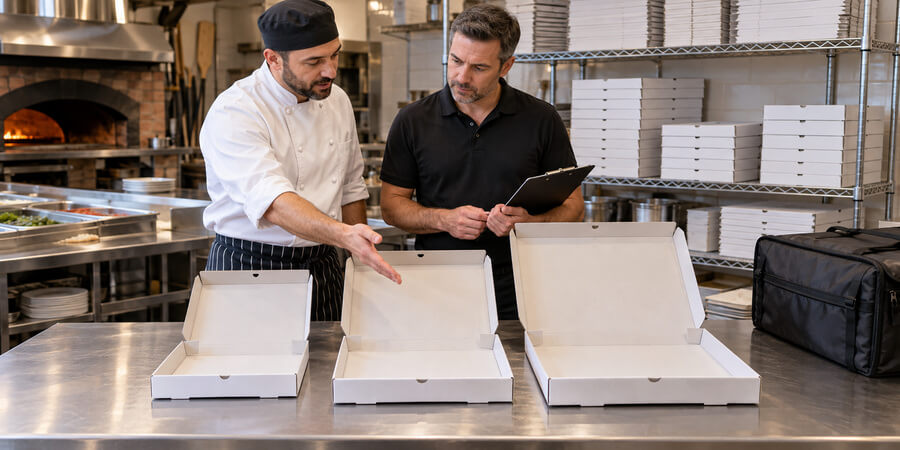 Pizzeria chef and manager comparing three pizza box sizes at a packing counter.