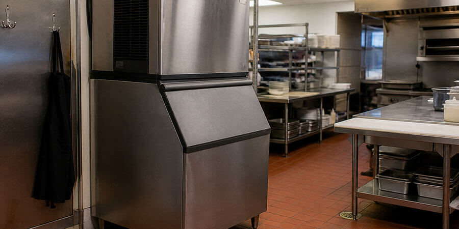 Closed commercial ice machine on a storage bin in a restaurant kitchen