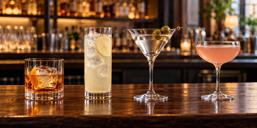 Old fashioned in a rocks glass, tall drink in a highball, martini with olives and a pink cocktail in a coupe on a bar