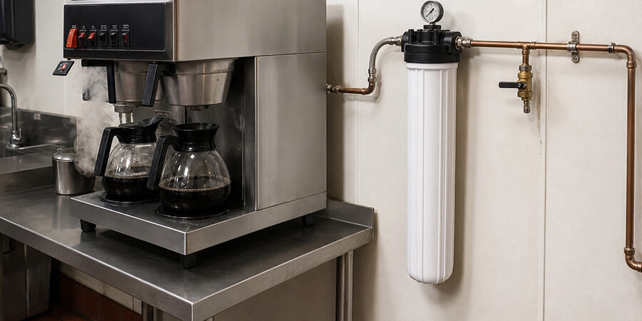 Commercial coffee brewer fed by a wall-mounted water filter.