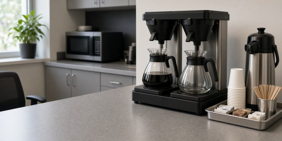 Two-warmer pourover brewer with an airpot, cups and stir sticks on an office breakroom counter