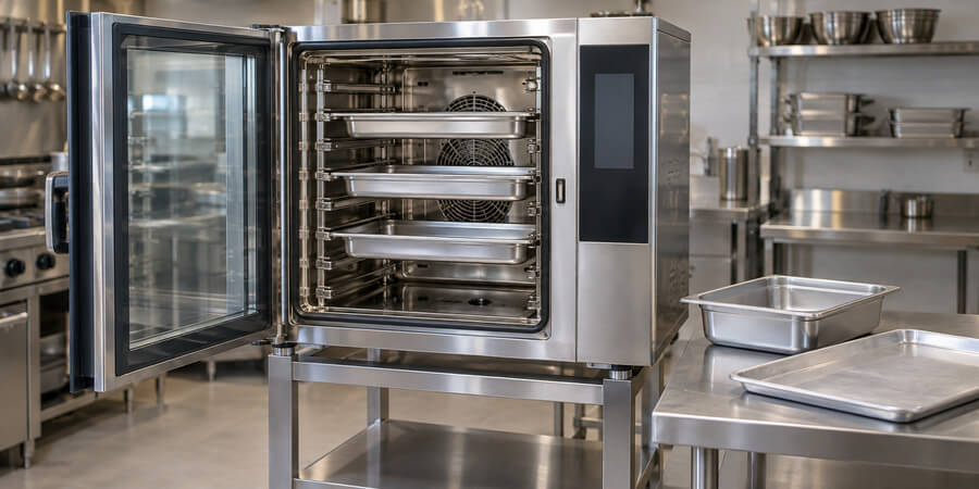 Combi oven loaded with hotel pans