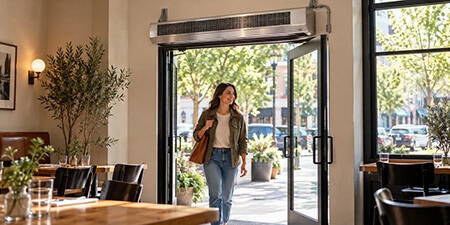 Customer entering a restaurant beneath a commercial air curtain mounted above the glass doorway.
