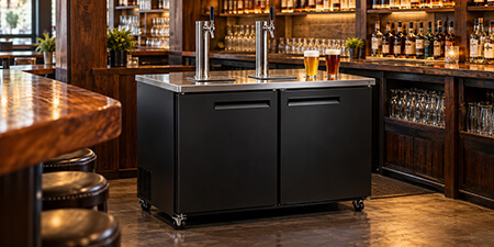 Two-door commercial beer dispenser with twin draft towers and two glasses of beer in a warmly lit bar.
