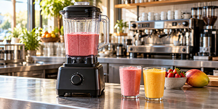 Commercial blender with a strawberry smoothie beside finished strawberry and mango drinks on a café counter.