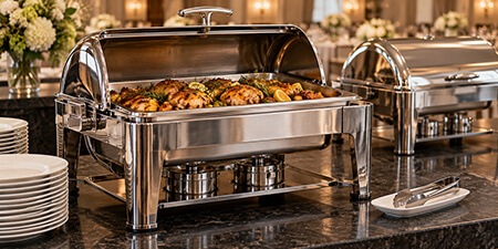 Stainless roll-top chafing dish serving roasted chicken at a banquet buffet.