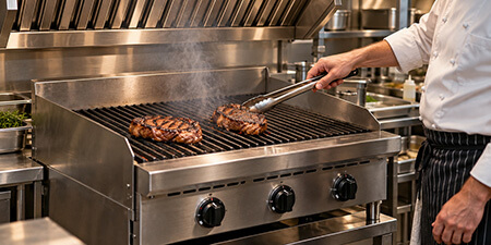 Chef grilling steaks on a commercial gas charbroiler beneath a stainless steel ventilation hood.