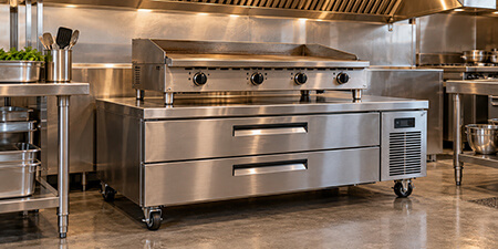 Stainless steel refrigerated chef base supporting a commercial griddle beneath a kitchen exhaust hood.