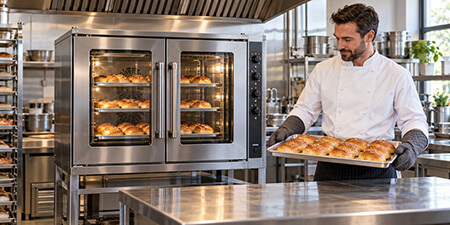 Chef holding a tray of golden bread rolls beside a commercial convection oven in a bakery kitchen.