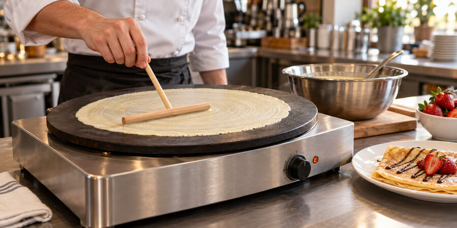 Chef spreading crepe batter across a commercial crepe griddle with a wooden T-shaped spreader.
