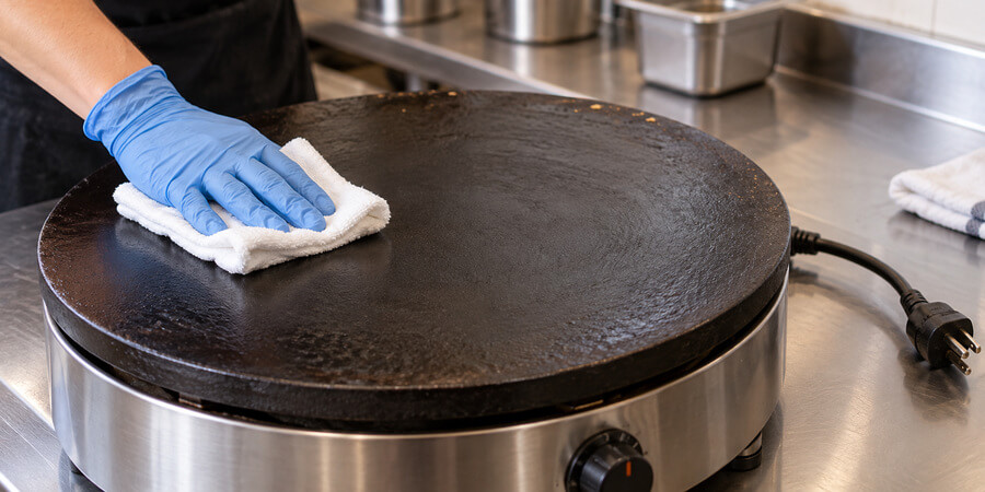 Gloved worker wipes the cast-iron cooking surface of an unplugged commercial crepe machine with a soft cloth.