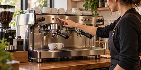 Barista operating a two-group commercial espresso machine as espresso pours into two white cups.