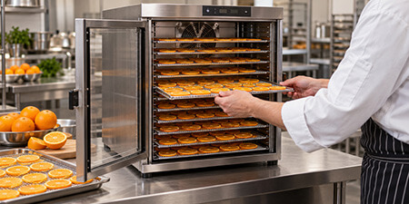 Chef loading a tray of orange slices into a stainless steel commercial food dehydrator.