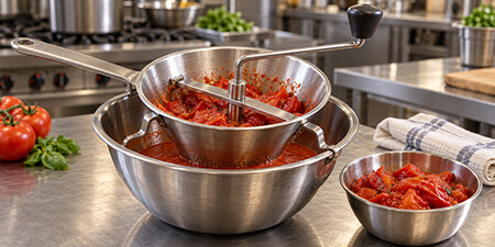 Stainless steel food mill processing tomatoes over a mixing bowl.