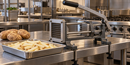 Commercial manual french fry cutter beside whole potatoes and freshly cut fries.