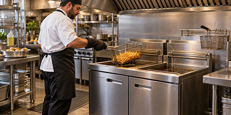 Cook lifting a basket of golden French fries above a commercial floor fryer beneath a ventilation hood.