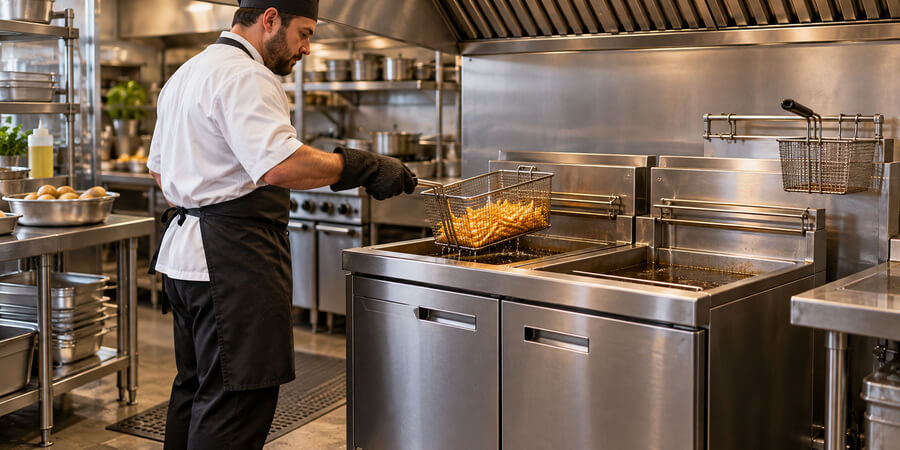 Cook lifting a basket of golden French fries above a commercial floor fryer beneath a ventilation hood.