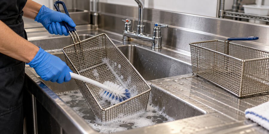 Worker wearing gloves scrubs a removed fryer basket with a brush in a commercial sink.