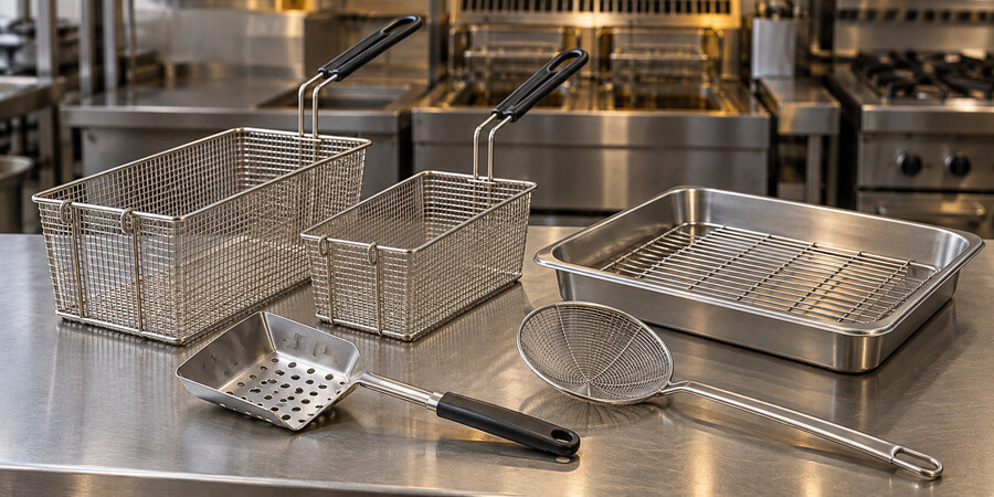 Fryer baskets, a perforated scoop, a mesh skimmer, and a draining pan arranged on a stainless steel counter.