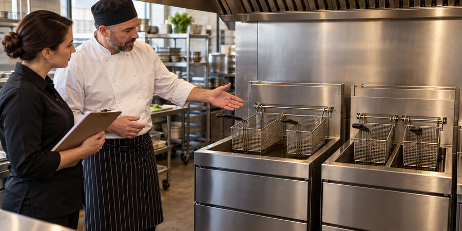 Chef and kitchen manager reviewing commercial fryer capacity and basket layouts.