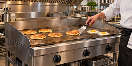 Chef cooking pancakes and eggs on a commercial flat-top griddle beneath a ventilation hood.
