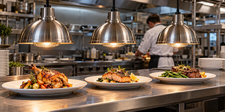 Three pendant heat lamps illuminating plated entrรฉes on a stainless steel restaurant pass.