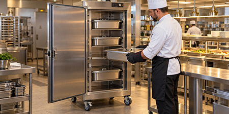 Chef loading a covered food pan into a full-height heated holding cabinet in a commercial kitchen.
