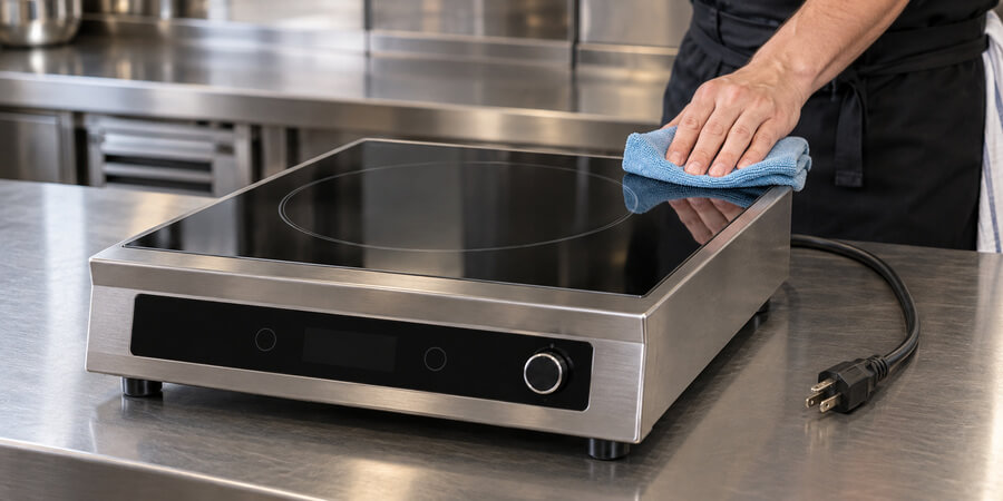 Worker wiping an unplugged commercial induction cooktop with a soft microfiber cloth.
