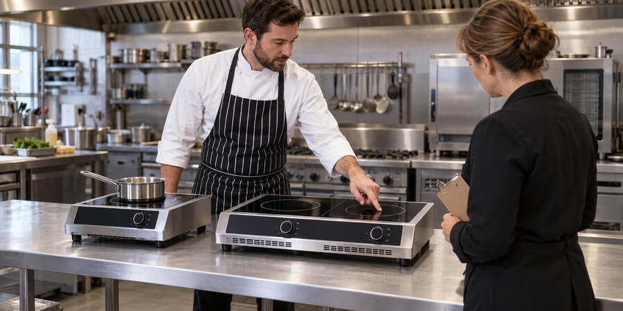 Chef and kitchen manager comparing single-burner and double-burner commercial induction ranges.