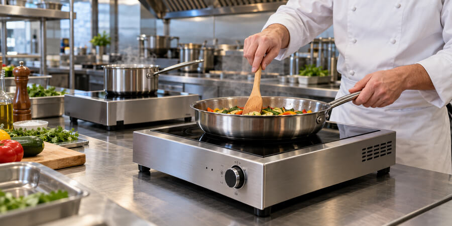 Chef cooking vegetables in a stainless steel pan on a commercial countertop induction range.
