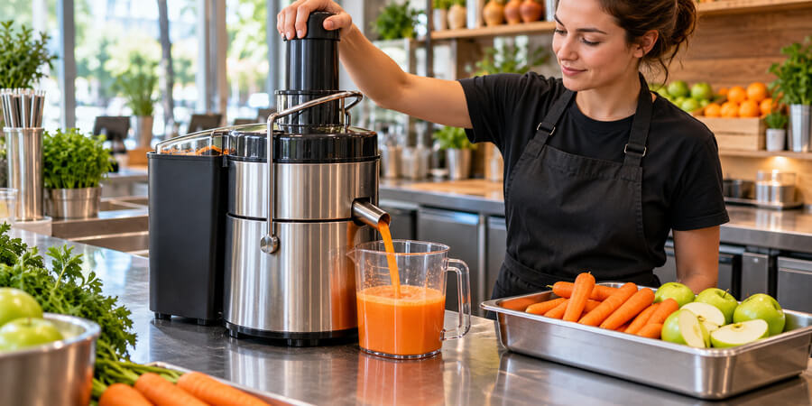 Juice-bar worker operating a commercial centrifugal juicer with fresh carrots and apples beside the machine.
