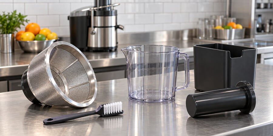 Juicer strainer basket, cleaning brush, collection pitcher, pulp bin, and food pusher arranged on a stainless counter.