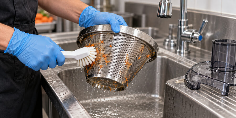 Worker wearing gloves brushes carrot pulp from a removed juicer strainer basket over a commercial sink.