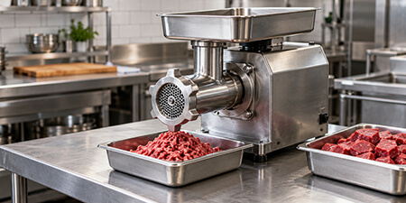 Commercial meat grinder beside trays of ground beef and cubed meat.