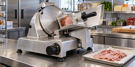 Man cutting meat with knife and slicer in kitchen
