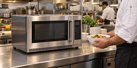 Chef holding a bowl of vegetables beside a stainless steel commercial countertop microwave.