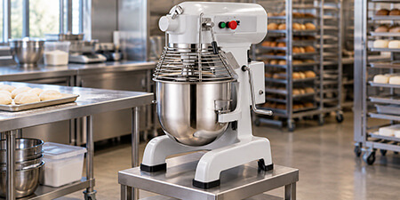 Commercial planetary mixer with a stainless bowl and closed safety guard in a bakery.