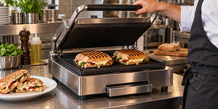Chef lifting the lid of a commercial panini grill with two toasted sandwiches on its ridged cooking plate.