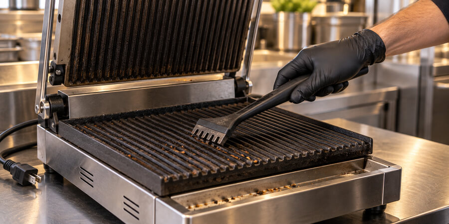 Worker using a grooved scraper to remove crumbs from an unplugged commercial panini grill.