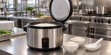 Open commercial rice cooker filled with white rice beside two serving bowls.