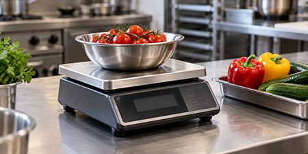 Commercial portion scale holding a stainless bowl of tomatoes in a restaurant kitchen.