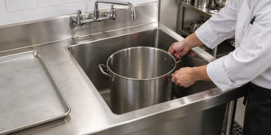 Deep commercial sink bowls with drainboard
