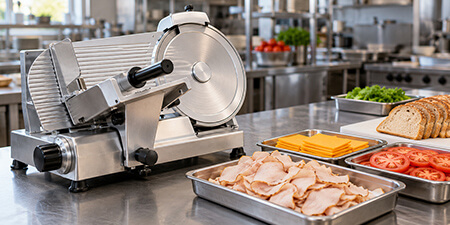 Commercial deli slicer beside trays of sliced turkey, cheese, tomatoes, and bread on a stainless steel counter.