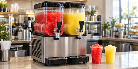Commercial dual-bowl slushy machine filled with red and yellow frozen drinks beside two matching servings.
